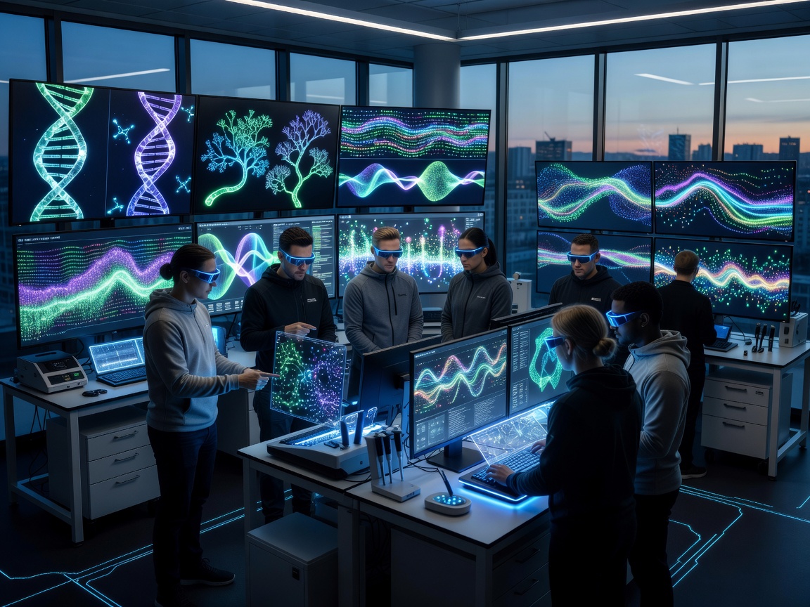 Creative developers analyzing biological genetic patterns on multi-screen high tech glowing setups in Espoo.