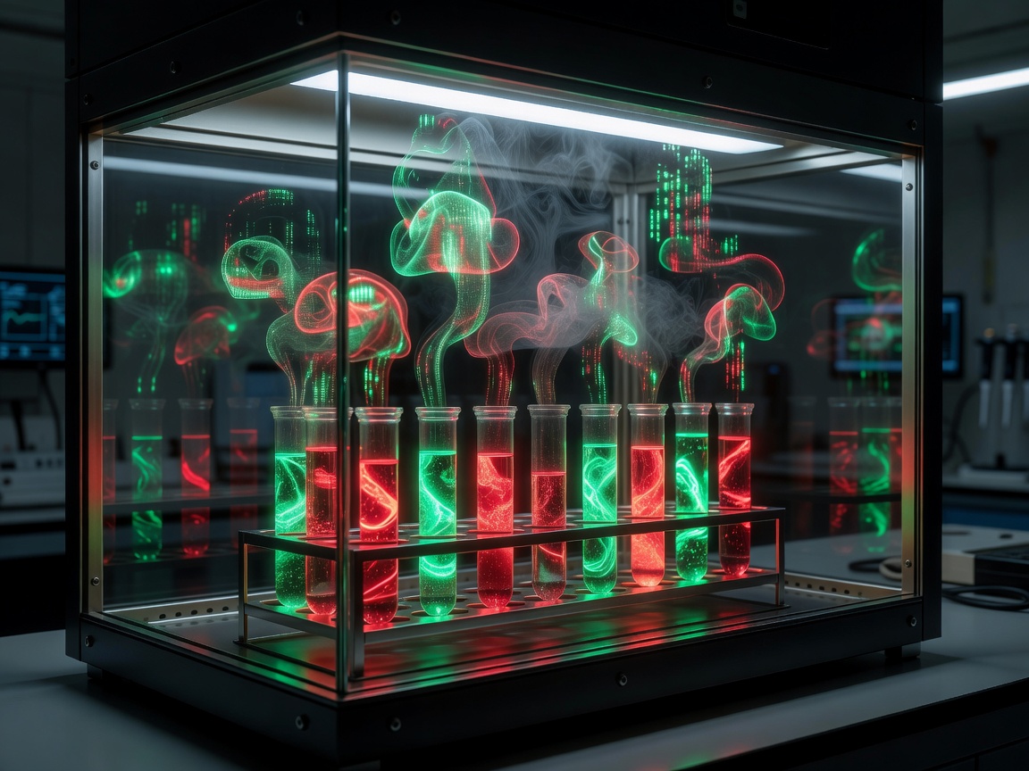 A collection of neon red and bright green test tubes emitting a safe digital bio-hazard mist inside an extraction dock.