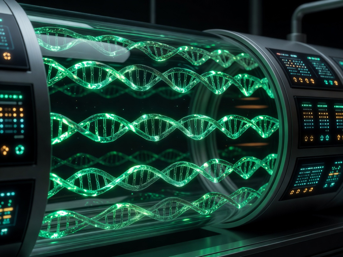 Close-up visual of dynamic DNA strands pulsating green within an incubation tank chamber, with high-tech readout panels.