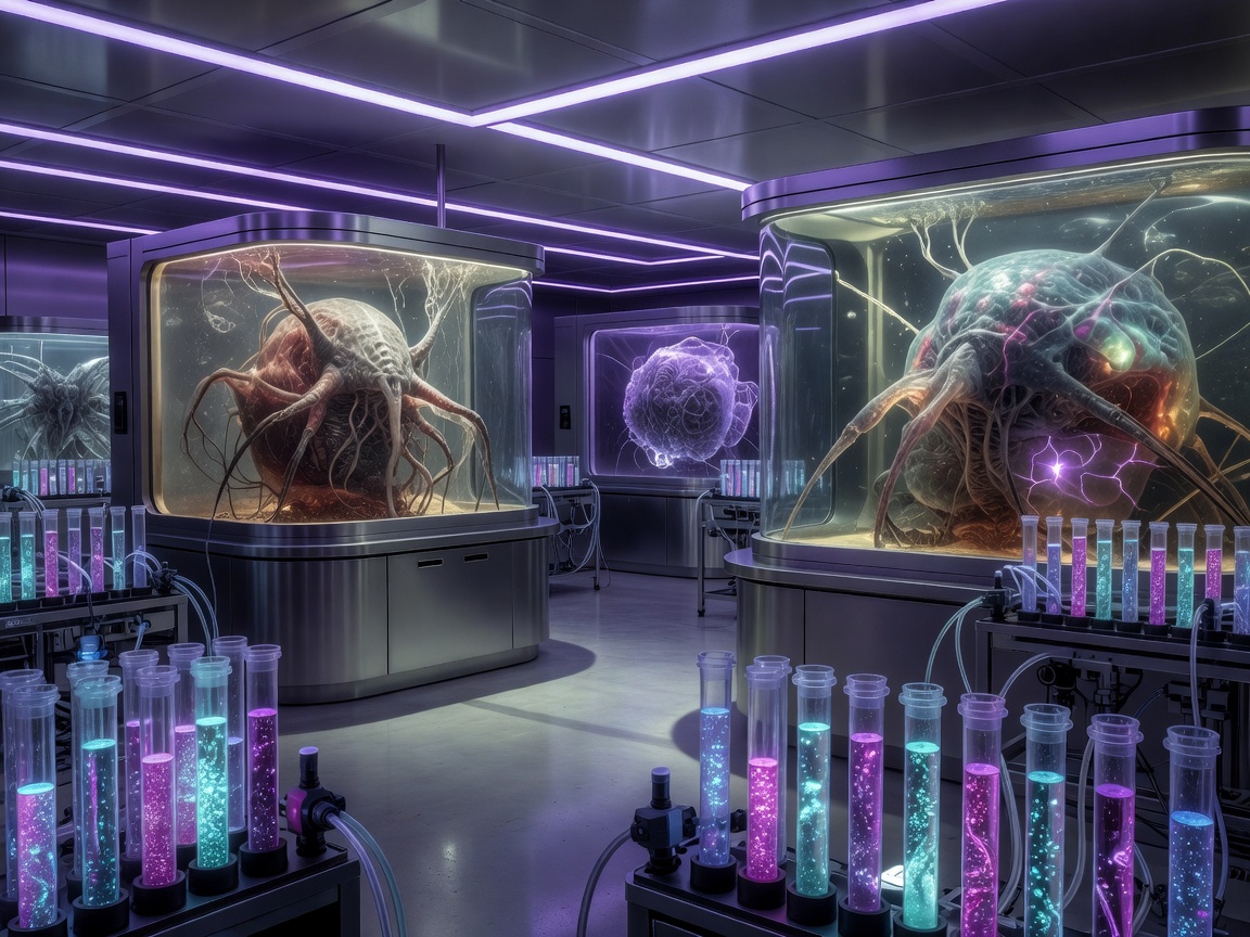 A panoramic high-tech laboratory interior illuminated by clinical ultraviolet light panels, showcasing futuristic test-tubes and bio-organic monster displays.