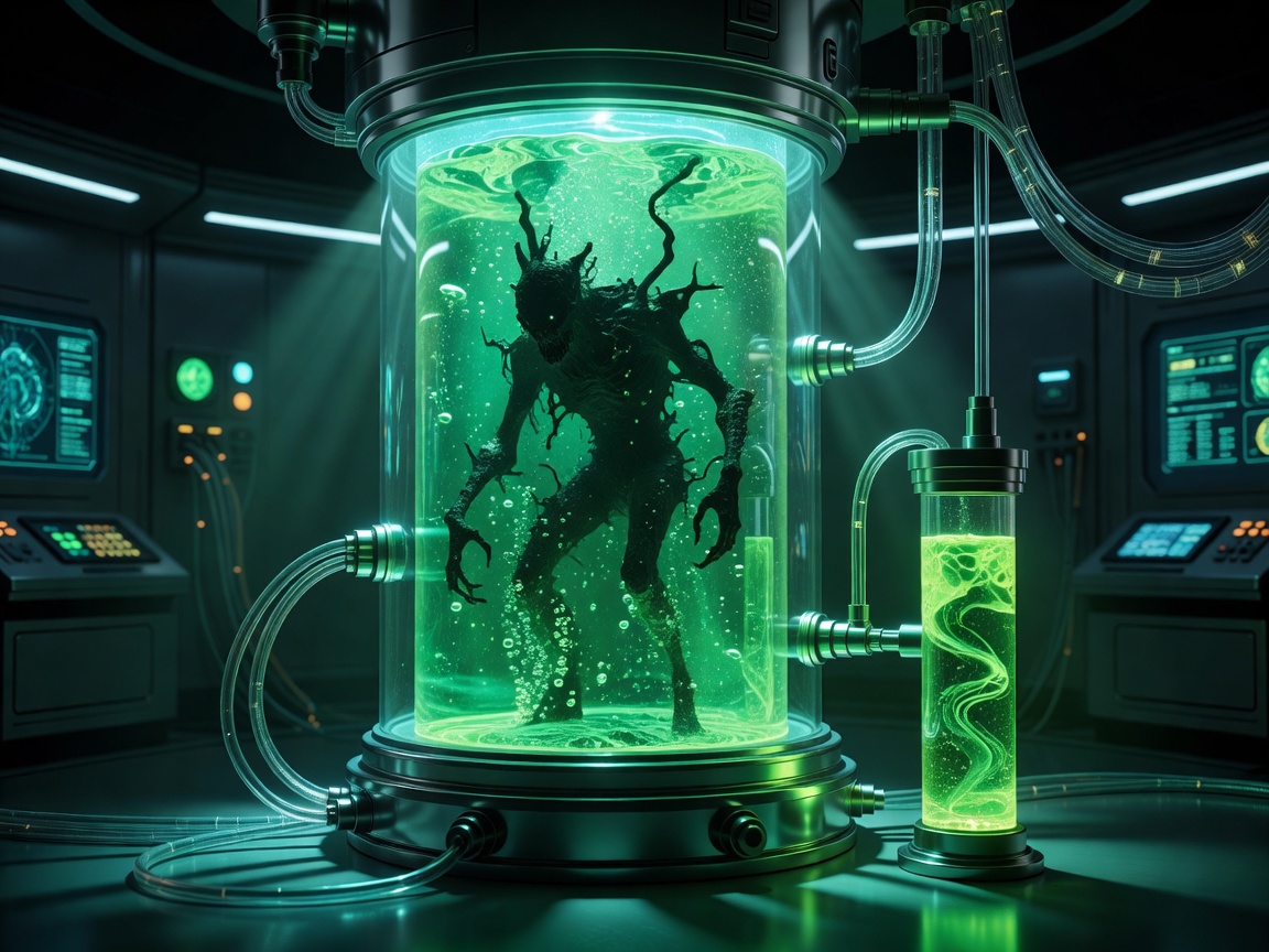 A high-tech digital render of a neon green biochemical container containing a radioactive monster silhouette inside a glowing medical chamber.