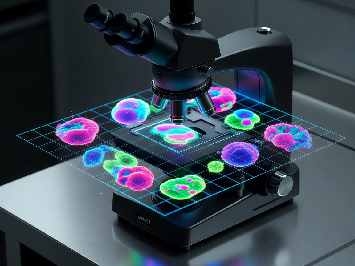 A high precision laboratory microscope projecting neon digital analysis of mutated micro-cells on a grid screen.