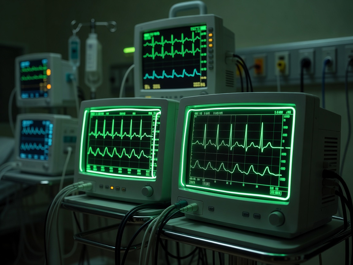 Oscilloscope wave lines glowing green representing heartrate telemetry in neon tubes on medical devices.