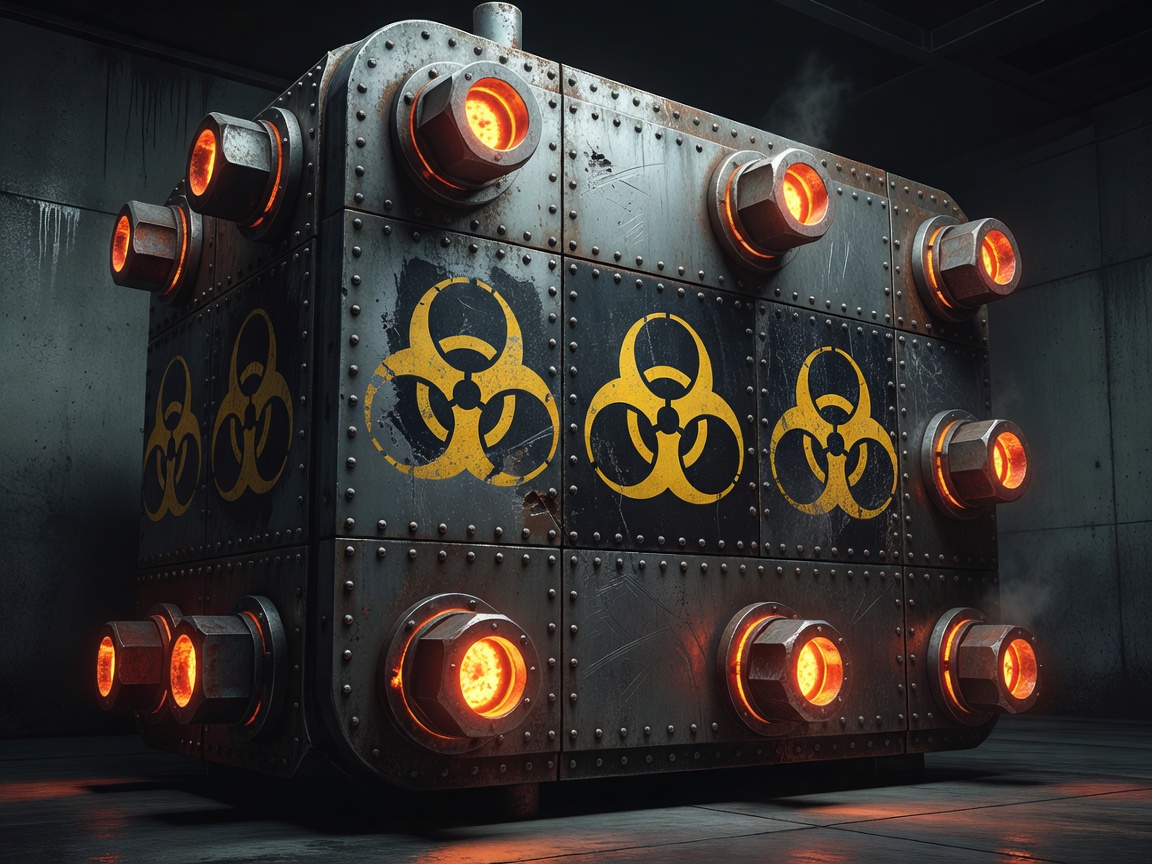 Heavy metal containment vault locks glowing orange with biological hazard warning signs.